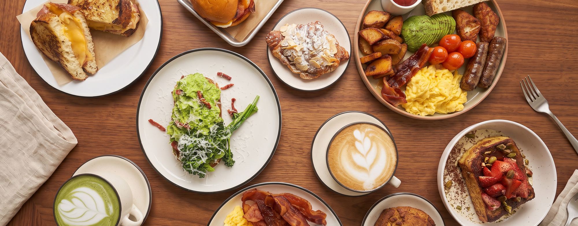 Breakfast spread at PAAR in Little Havana: grilled cheese, breakfast sandwich, avocado toast, almond croissant, the Big Breakfast, latte and matcha latte on a walnut table