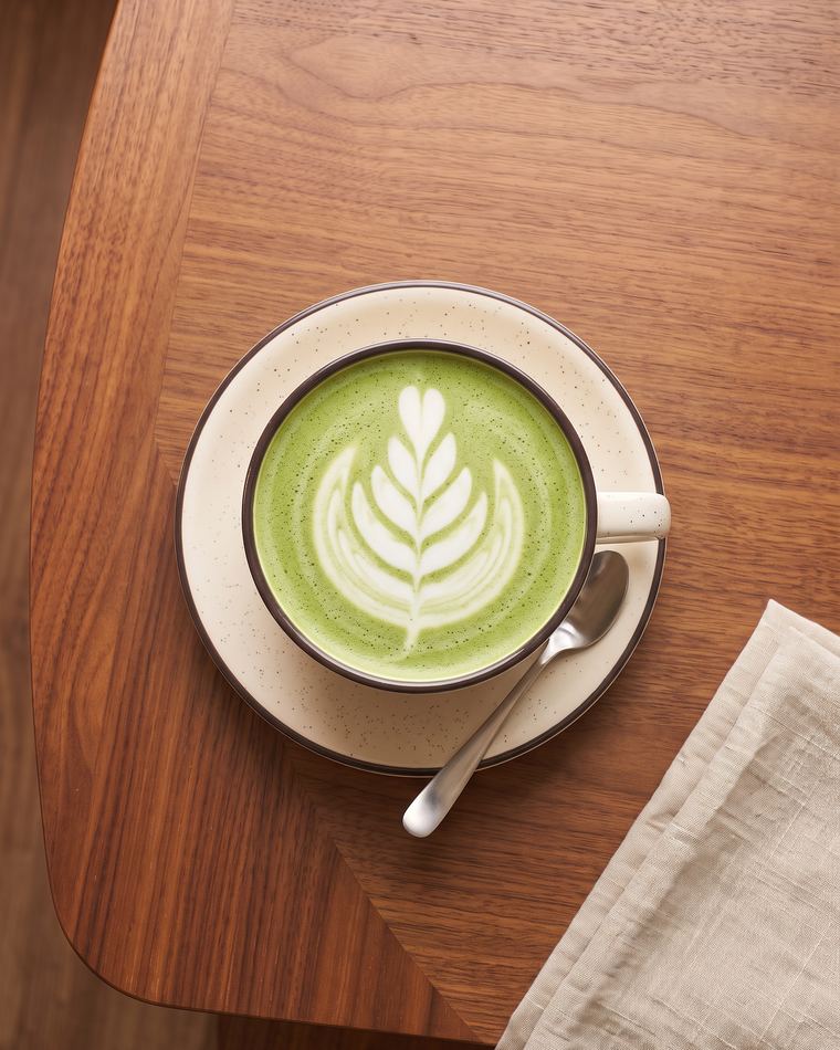 Matcha latte with rosetta latte art in a ceramic cup